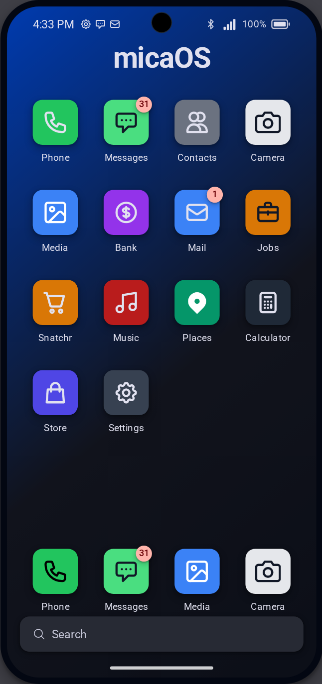 The micaOS phone home screen: a launcher grid of apps including Phone, Messages, Contacts, Camera, Media and Bank, framed as an in-game phone.