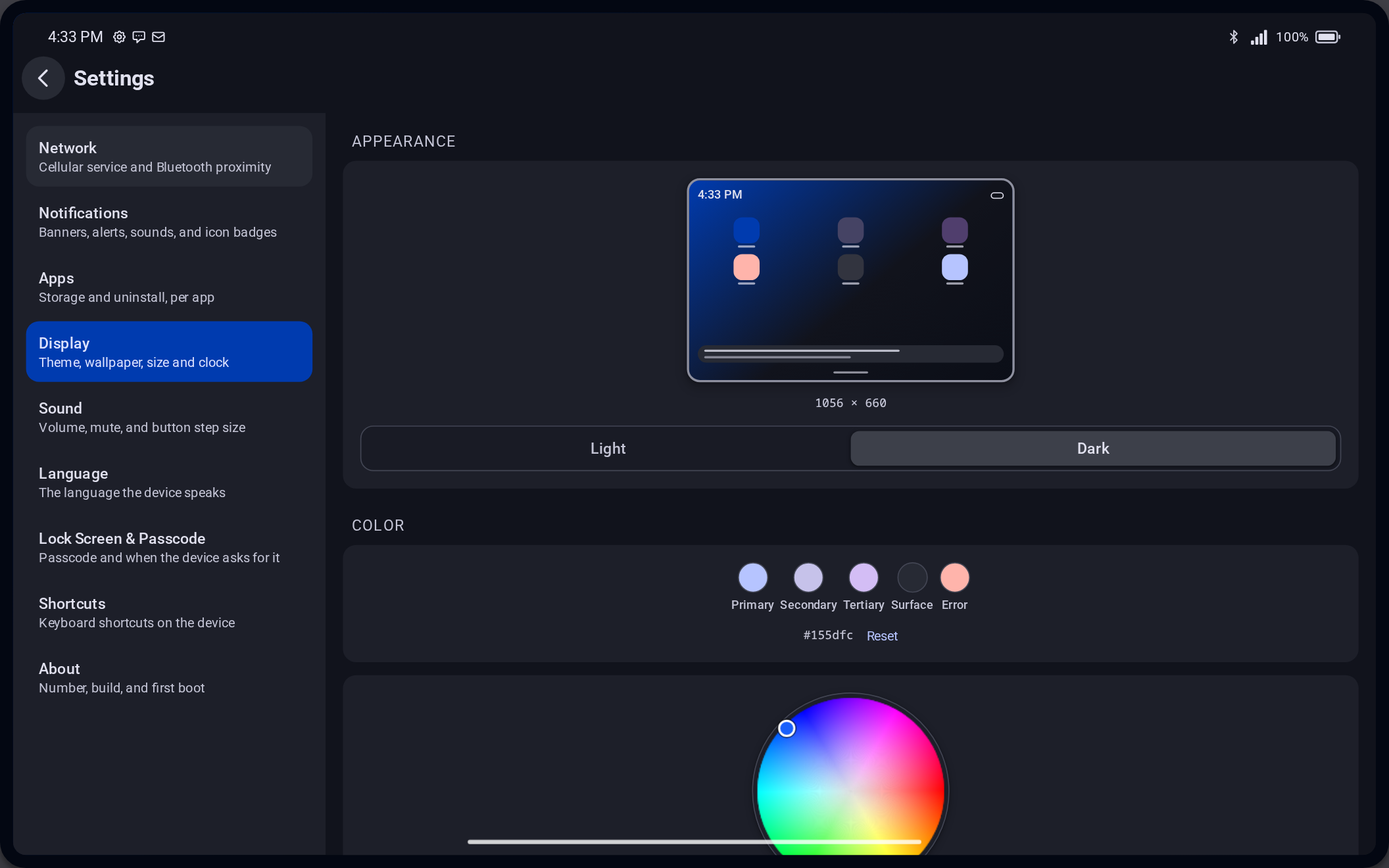 The micaOS tablet showing Settings in two panes: a list of sections on the left and the Display section, with its theme preview and colour picker, on the right.